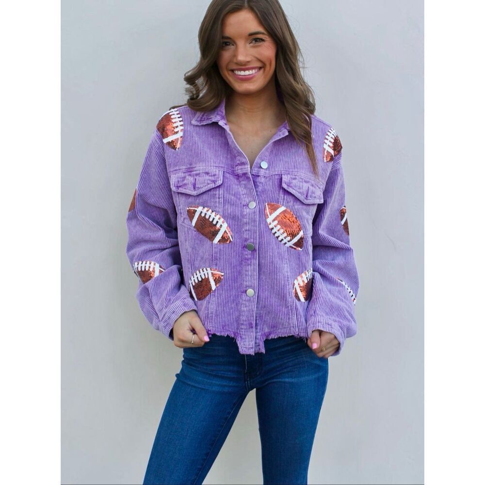 BiBi Purple Football Sequin Corduroy Jacket Gameday Raw Hem Shacket XL NEW - Picture 5 of 10